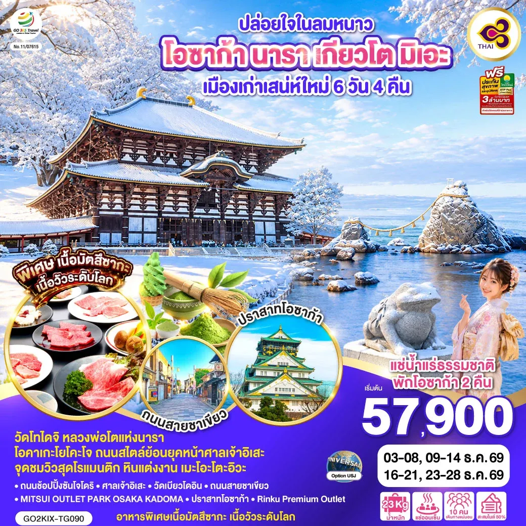 ทัวร์ญี่ปุ่น ปล่อยใจในลมหนาว โอซาก้า นารา เกียวโต มิเอะ เมืองเก่าเสน่ห์ใหม่ 6วัน 4คืน (TG)